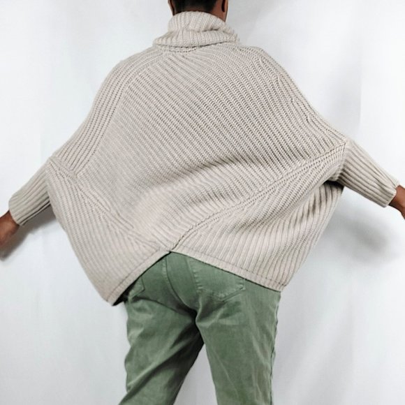 Chelsea & Theodore Ribbed Asymmetrical Cowl Neck Beige Sweater - Picture 4 of 12